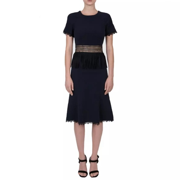 Jonathan Simkhai Navy Blue Crochet Fringe Fluted Bodycon Dress Midi - Picture 6 of 11